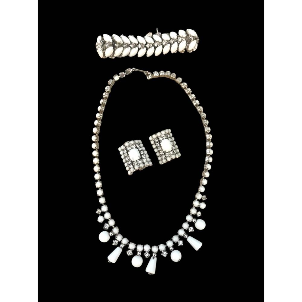 Vintage White Milk Glass Rhinestone Necklace Bracelet Clip Earrings Set